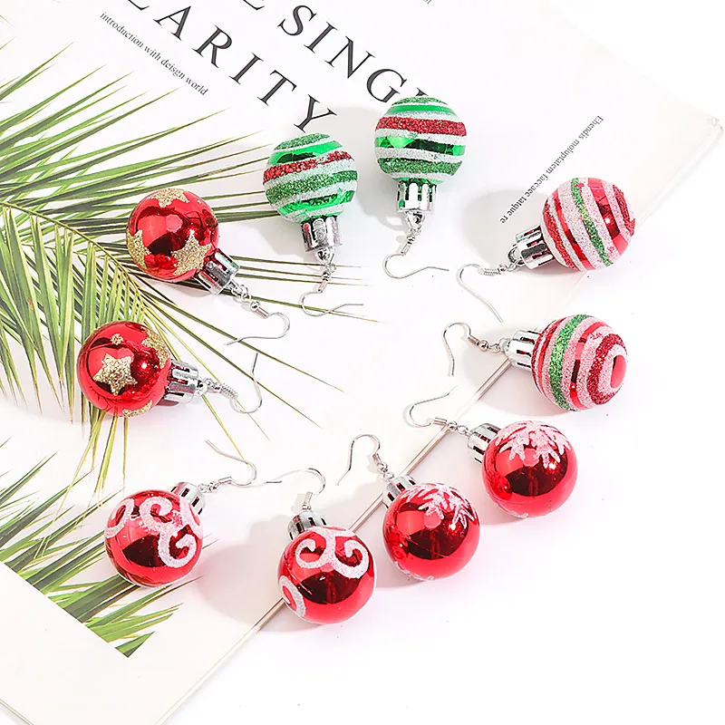 1Pair Christmas Earrings Multi-Colored Snowflakes Stars Stripe Round Ball Light Bulb Earrings Bauble Drop New Year Party Jewelry
