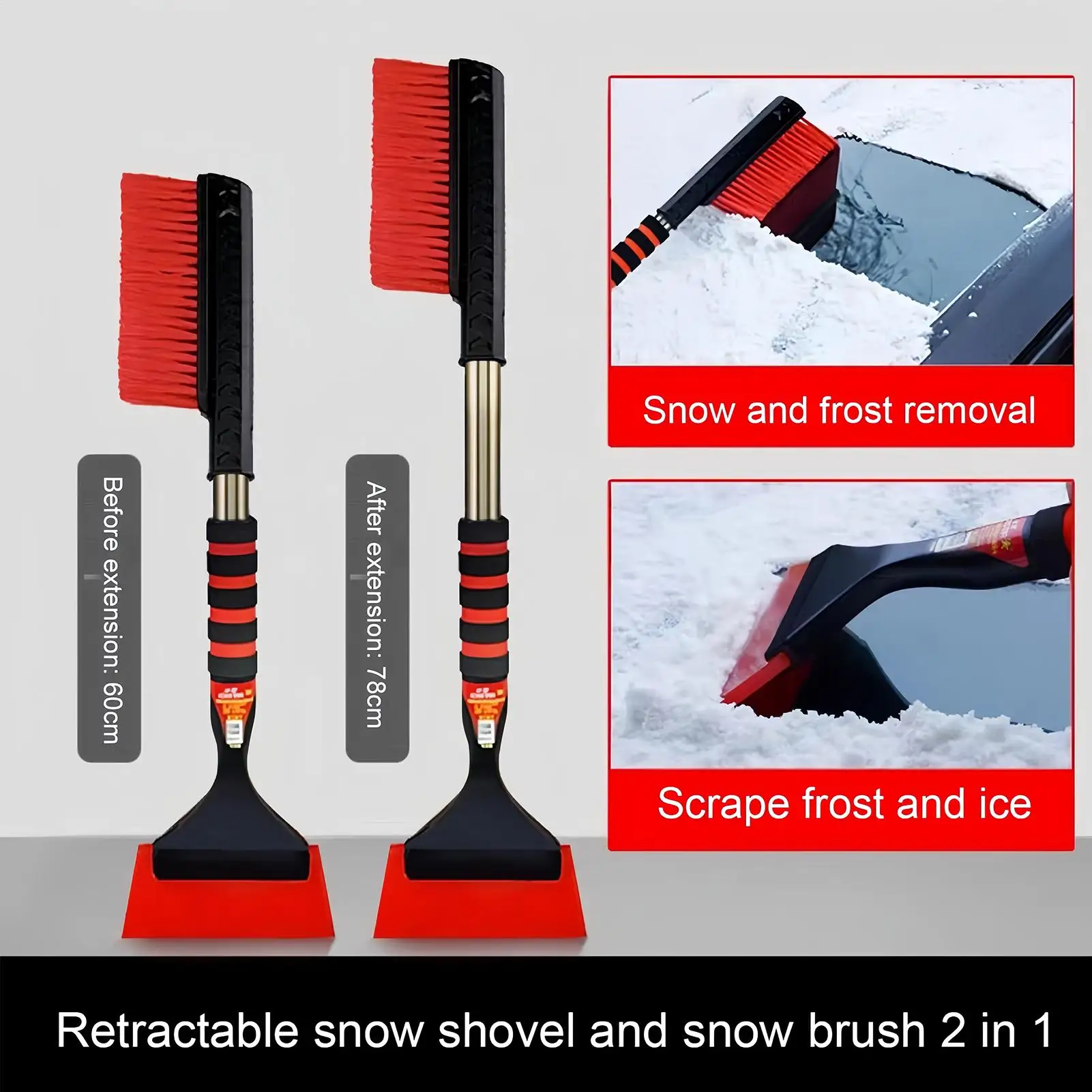 Double-Head Snow Scraper with an foam handle Extendable Snow Removal Brush Ice Shovel for Windshield Window Truck Sedan