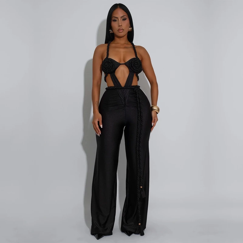 

STYLISH LADY Cut Out Bandage Jumpsuits 2025 Autumn Women Halter Backless Elegant OL Party Solid Color Wide Leg Overalls