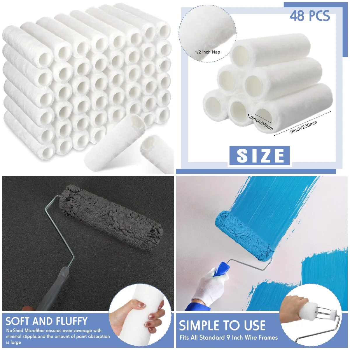 

48 Pcs 9 x 1/2' Microfiber Paint Roller Covers, High-Capacity for All Surfaces, White