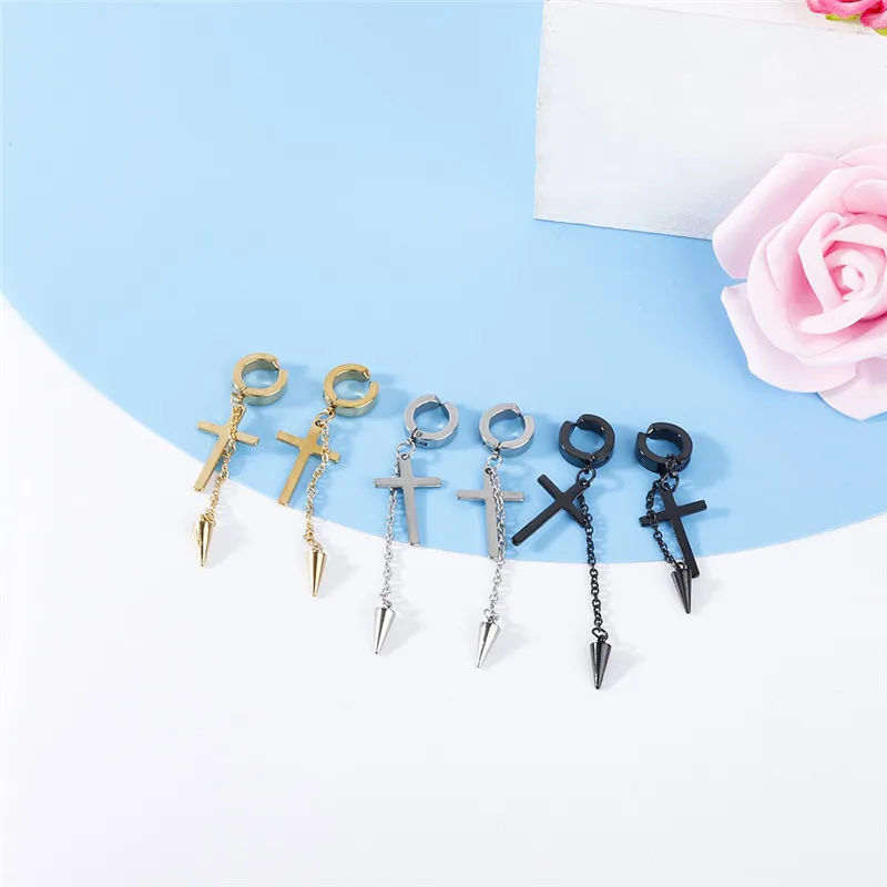 Fashion Punk Cross Tassel Pendant Earrings Stainless Steel Classic Geometric Charms Clip Ear Jewelry Party Gifts For Women Men