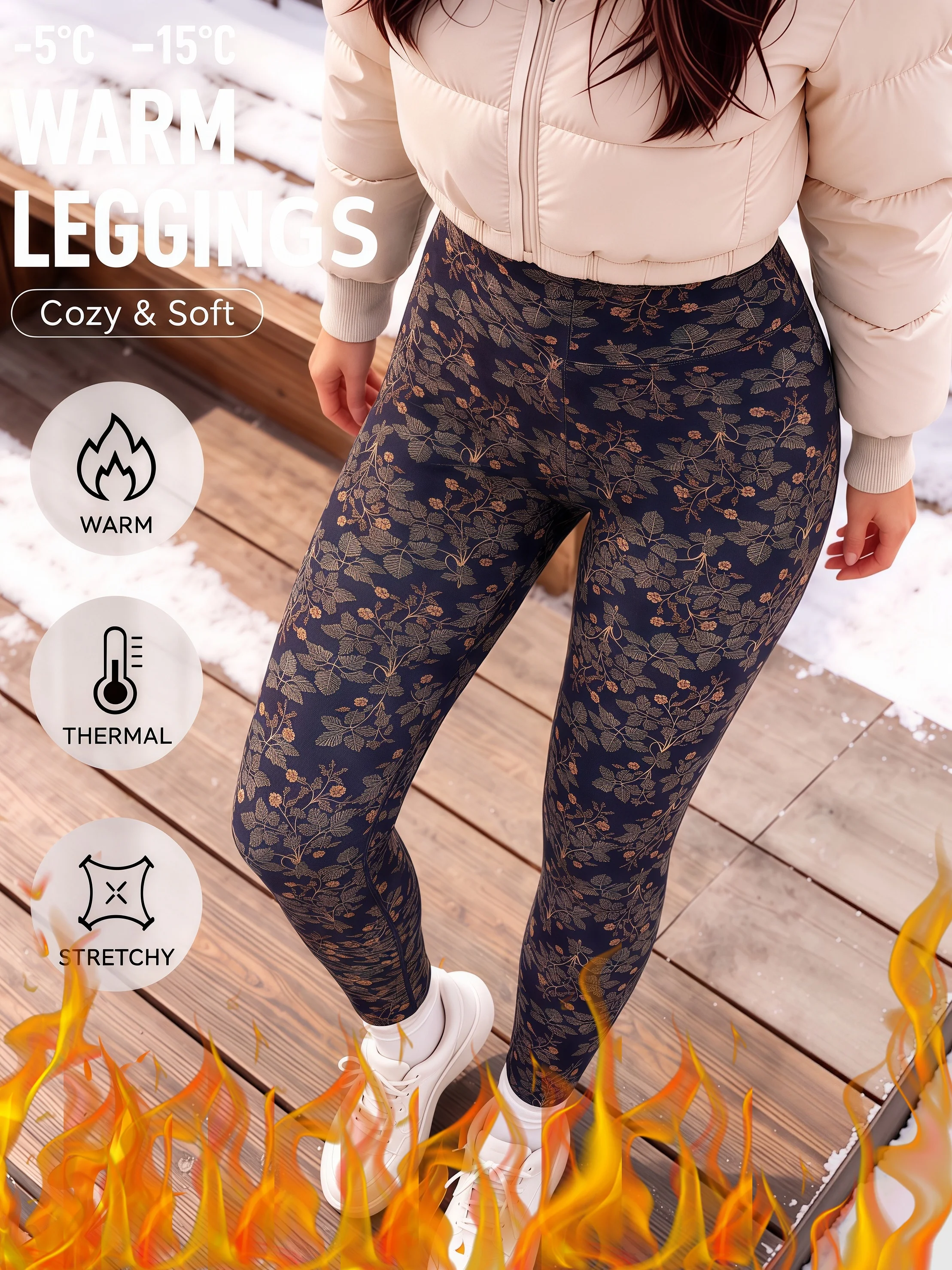 Damen-Leggings in Marineblau mit Retro-Botanischem Blumenmuster, Fleece-gefüttert, Hohe Taille, Hautfreundlich, Schlank, Warm und Eng Anliegend – Detail 4