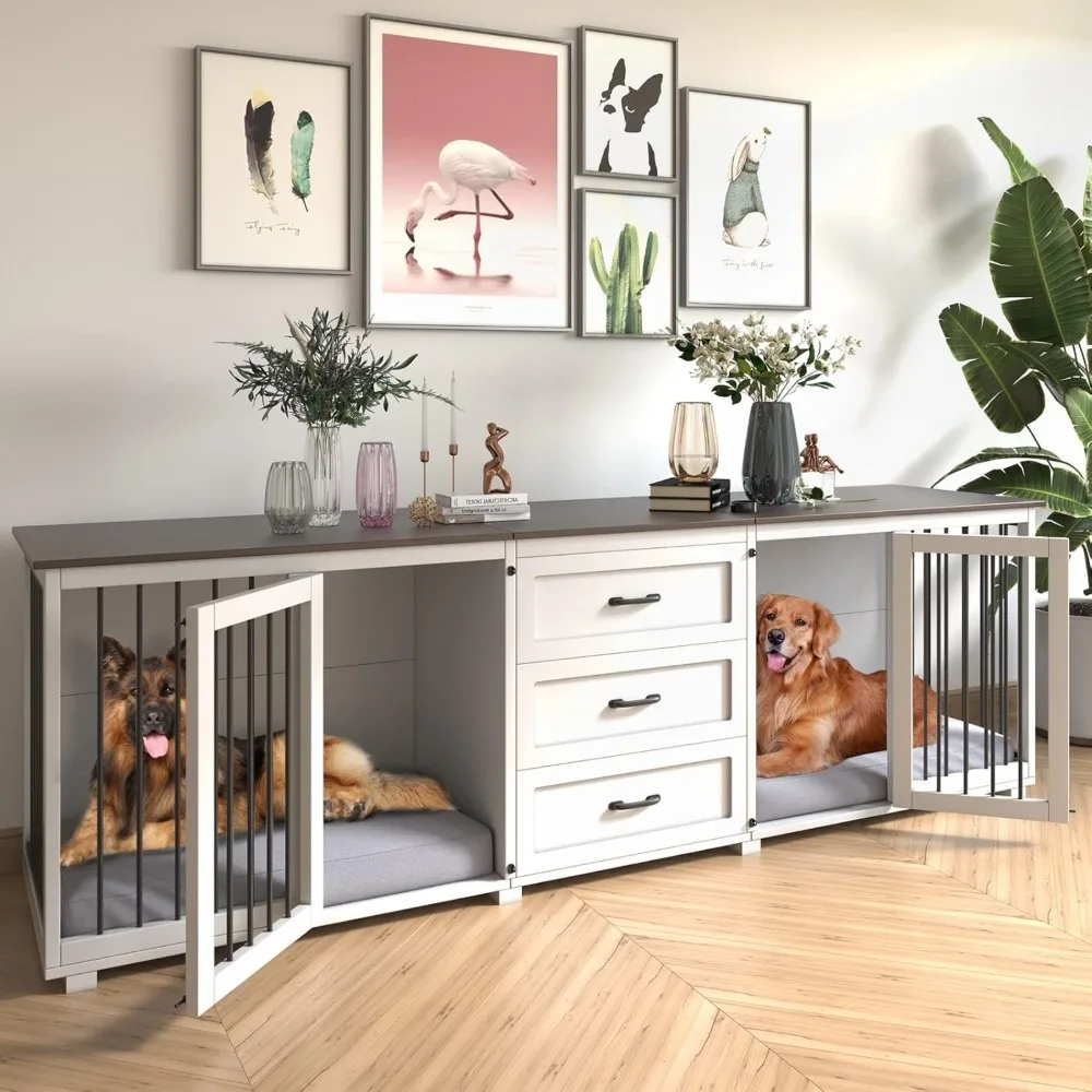 

95"x23"x32"H Furniture - type Dog Crate: Farmhouse - style Kennel with 3 Drawers and Double Lockable Doors