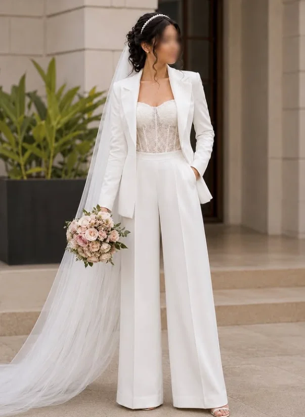 Three Pieces Jumpsuit Wedding Dresses Long Sleeve Jacket Boning Top Garden Castle Homosexual Bridal Gown Outfit Customized