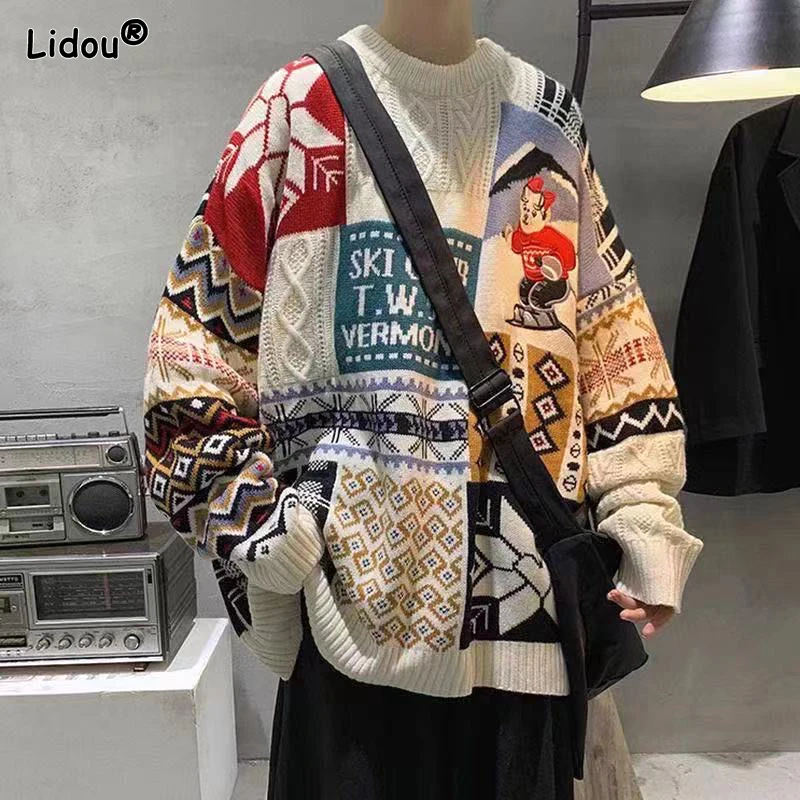 2023 New Autumn and Winter Thickened Warm Fashion Hong Kong Style Round Neck Print Loose Casual Oversize Christmas Sweater