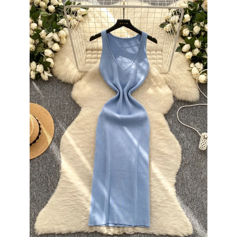 レディース サマー 無地 スリム シック Vネック ニット ボディコン ロング タンク ドレス カジュアル パーティー シース ドレス エレガント ストリートウェア ドレス