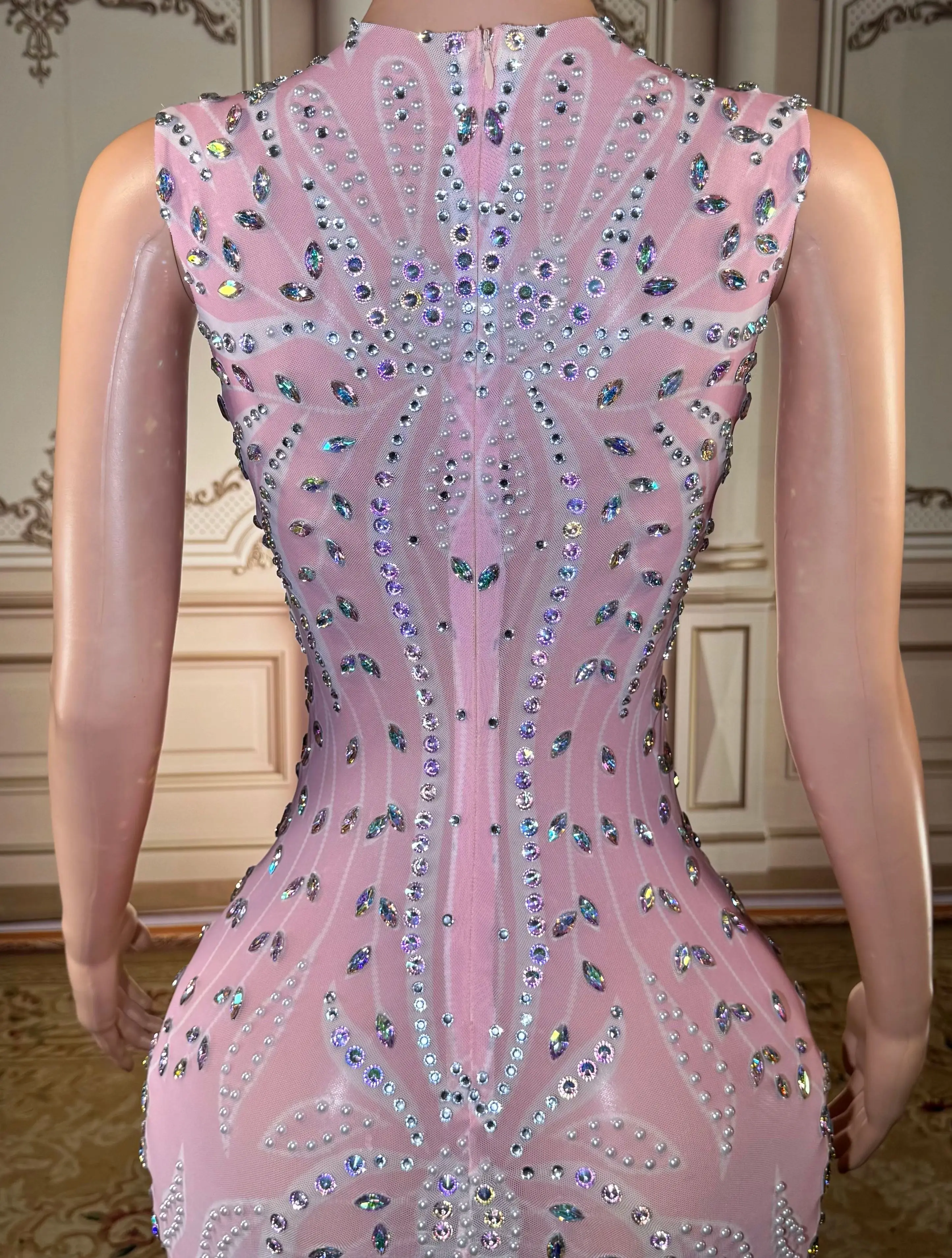 Sukienka wieczorowa ZD na przyjęcie urodzinowe, ekskluzywna suknia bankietowa, luksusowa damska sukienka z przezroczystej siateczki, różowa sukienka na studniówkę, brokatowe diamenty.