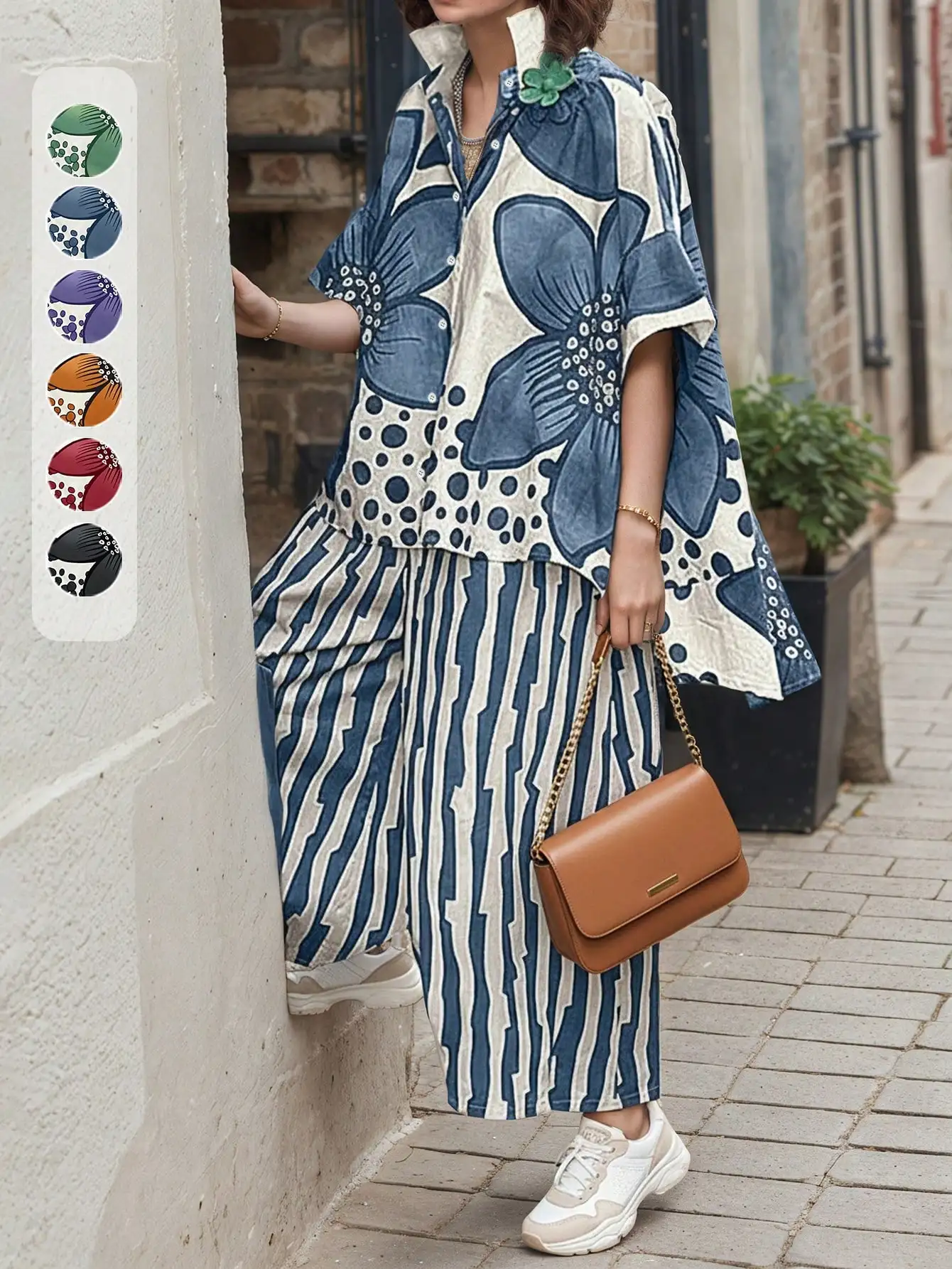 

Women's Bohemian Floral Print Two Piece Set Short Sleeve Blouse Asymmetrical Hem Striped Wide Leg Pants Casual Summer Outfit