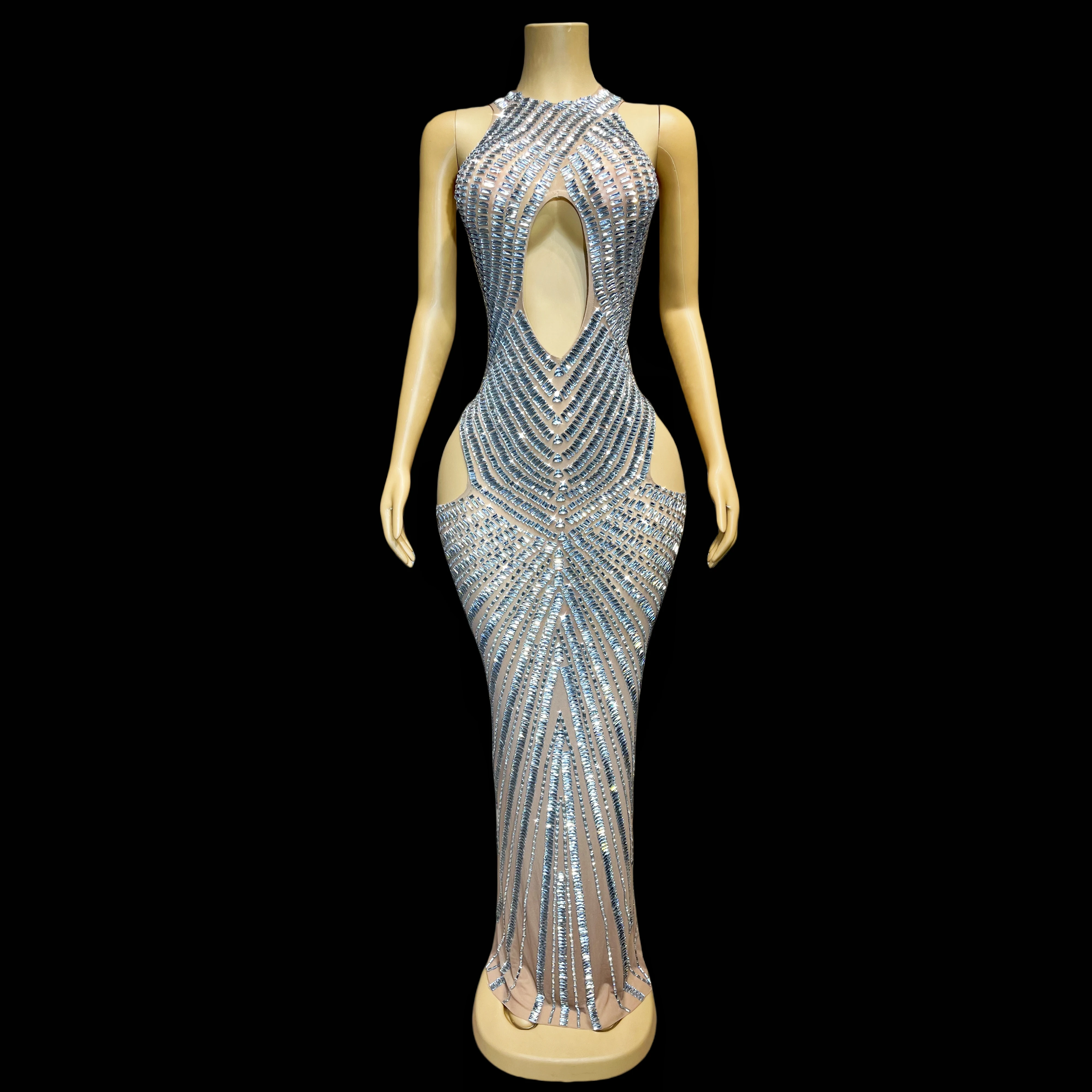 

Luxury Full Silver Rhinestone Hollow Waist Skirt Sexy Crystal Costume Dance Stone Nightclub Handmade Costume changtiaolian
