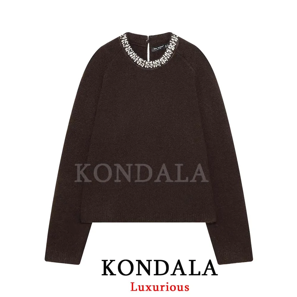 

Вязаный свитер KONDALA в винтажном стиле, повседневный шик, однотонный коричневый, с круглым вырезом, с длинными рукавами, с декоративными элементами, новая модная коллекция 2026, праздничный свитер