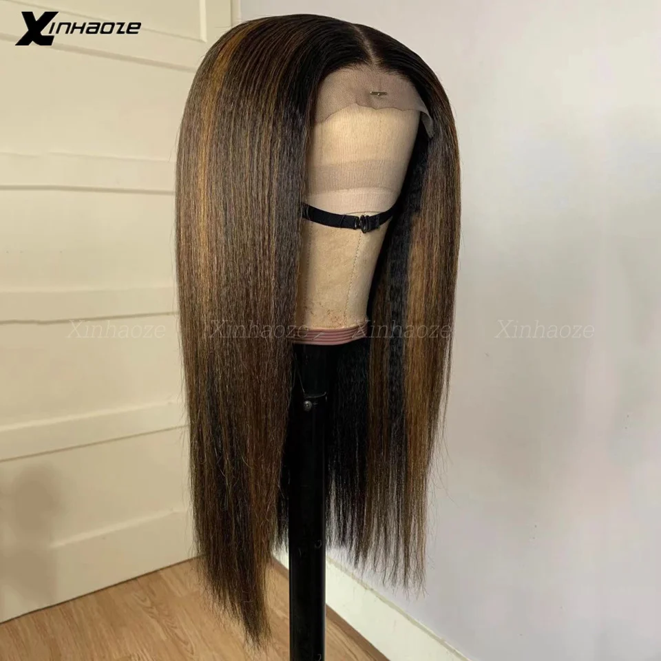 Highlight Kinky Straight Light Italian Yaki 13x6 Front Human Hair Wig Preplucked 180% Light Yaki Silk Top Human Hair Wigs