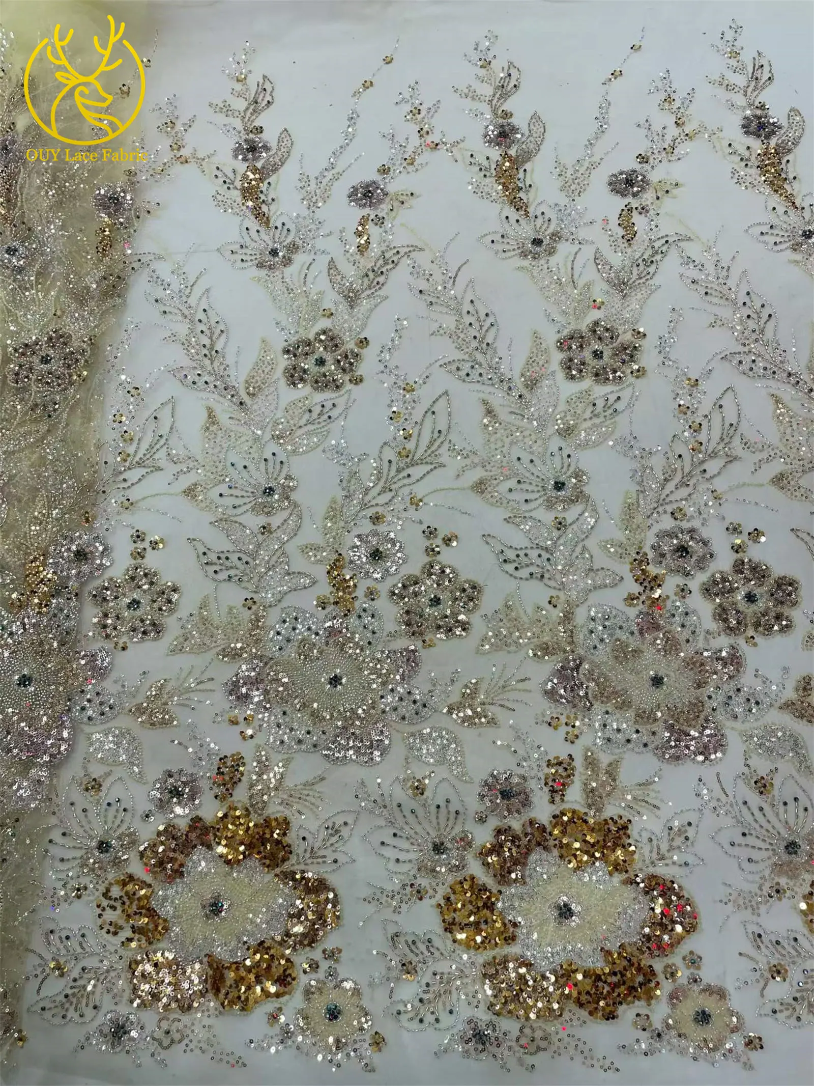 Afrikanischer Brautkleid-Stoff mit Stickerei und Perlen, hochwertiger nigerianischer französischer Pailletten-Tüll-Mesh-Spitzenstoff für Brautkleider – Detail 7