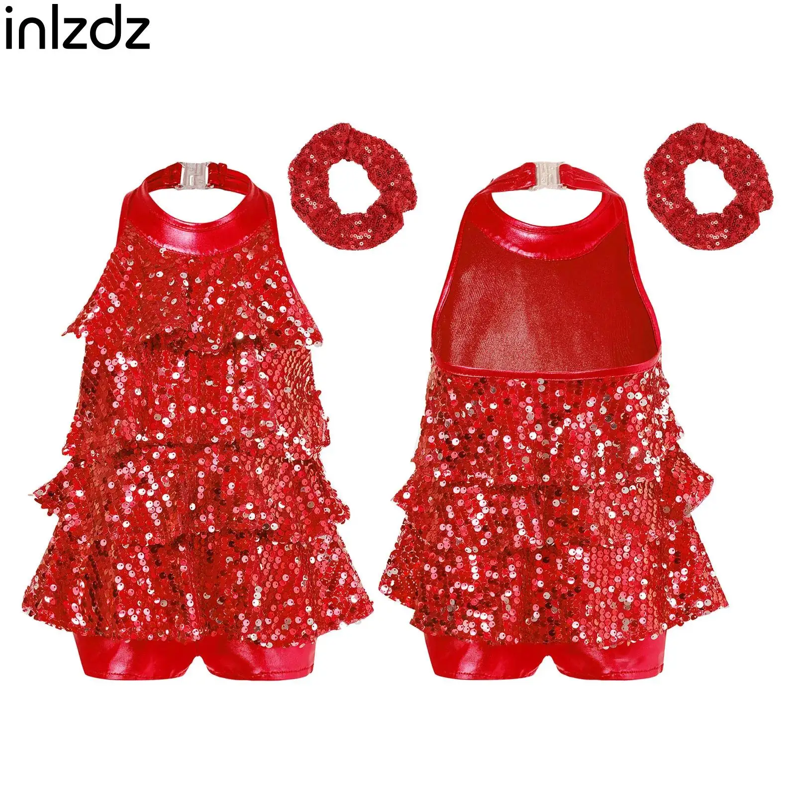 

Kids Girls Shiny Sequins Halter Ballet Dance Shorty Unitard Dress with Hats Modern Jazz Latin Chacha Rumba Dance Performance Set