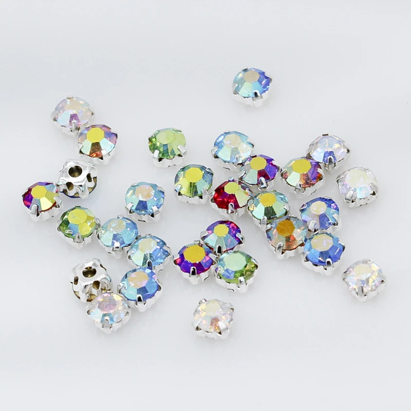 3mm 4mm 5mm 6mm color AB Sew on Round crystal glass Rhinestone jewels Silver Cup Claw montees sewing stone Clothes accessories