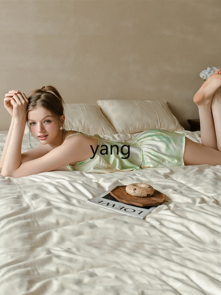 CX girly summer ice silk thin suspender shorts loungewear set white