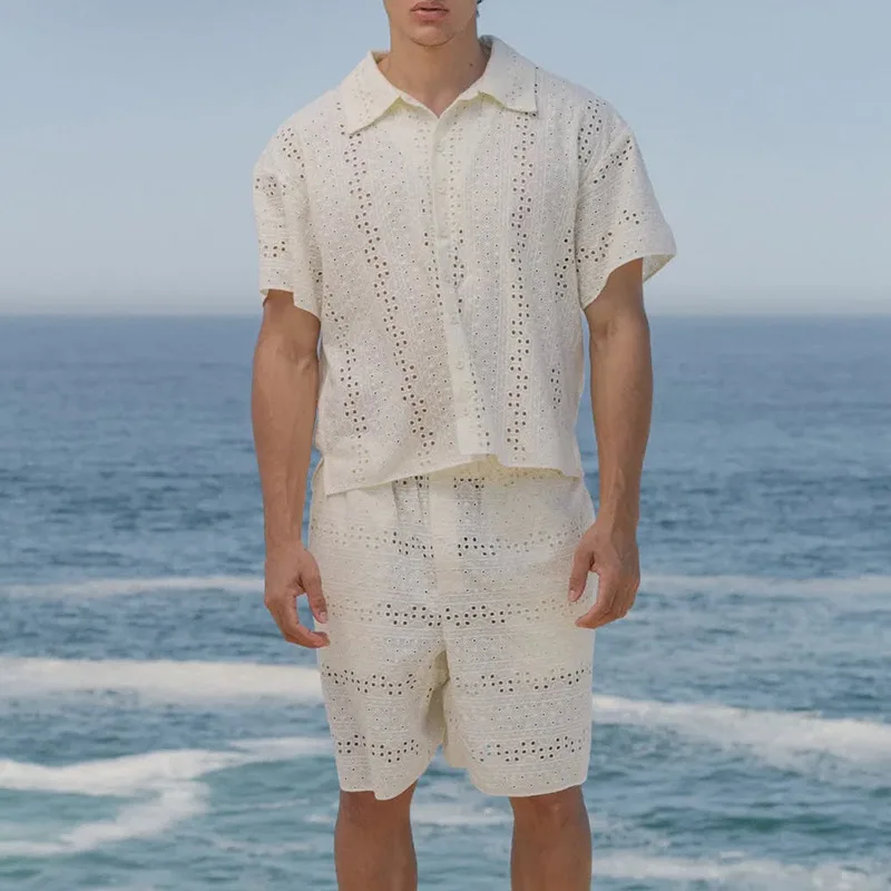 Men's Casual Spring And Summer Suit Beach Style Hollow Loose Shirt And Shorts Two-piece Suit For Men