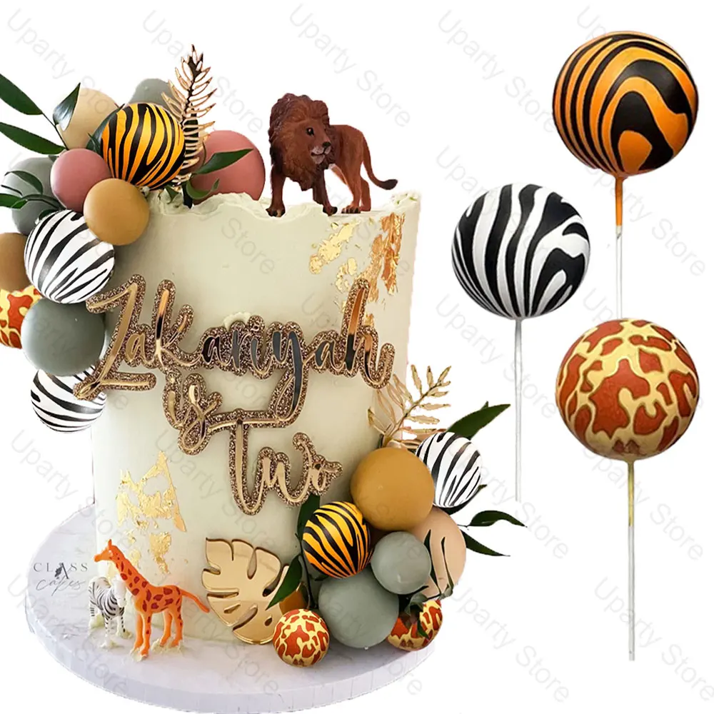 Jungle Animal Cake Toppers 3cm Zebra Giraffe Leopard Tiger Printed Balls Cake Decorations for Safari Animal Birthday Cake Decor