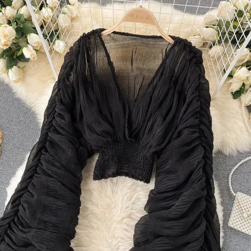 Chemisier court en mousseline de soie pour femmes, Sexy, transparent, manches Super longues, violet/vert/noir/blanc, plis, hauts de fête, nouvelle collection 2022