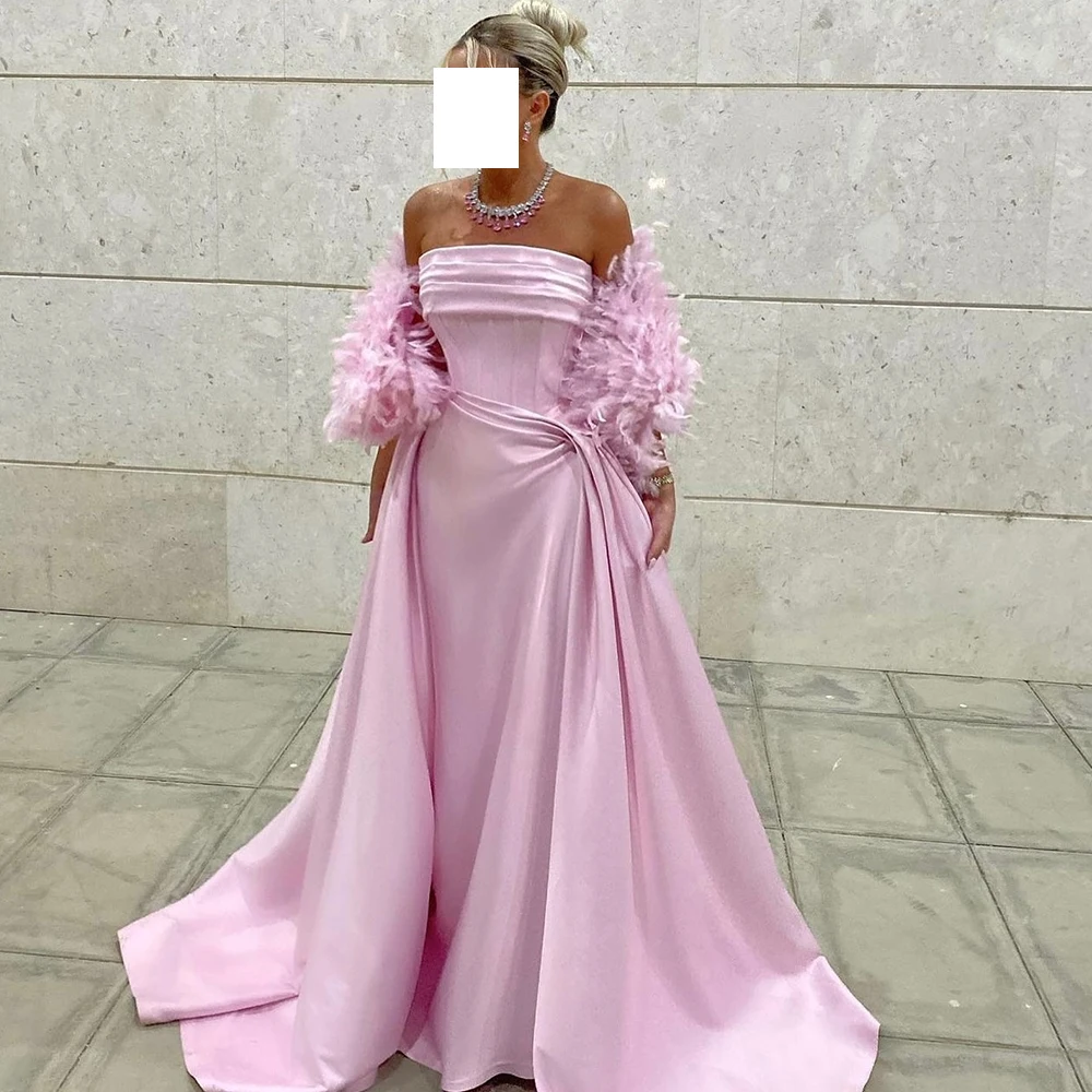 Gala Dresses Woman 2024 For Party Boat Neck Off the Shoulder A-Line Solid Color Pleats Sweep Train Floor Length Feathers Saudi