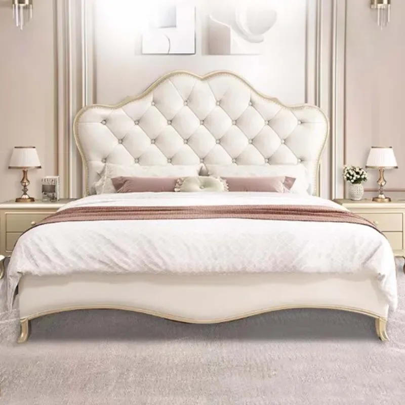 French Style Cream Double Bed European Style Leather Luxury Princess Queen Bed Wood Modern Camas Matrimonial Bedroom Furniture
