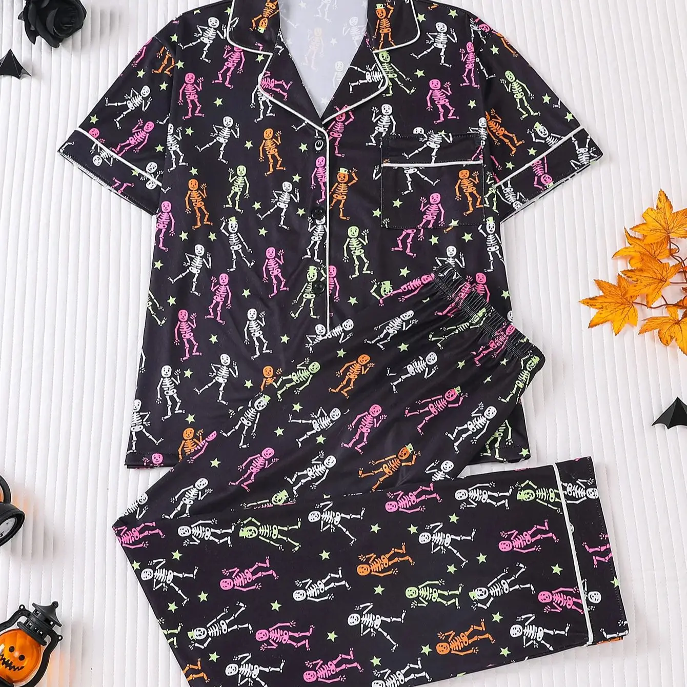 

Halloween Themed Women's Pajamas Set Colorful Skeleton Star Print Lapel Collar Short Sleeve Long Pants 2 Piece Casual Loungewear