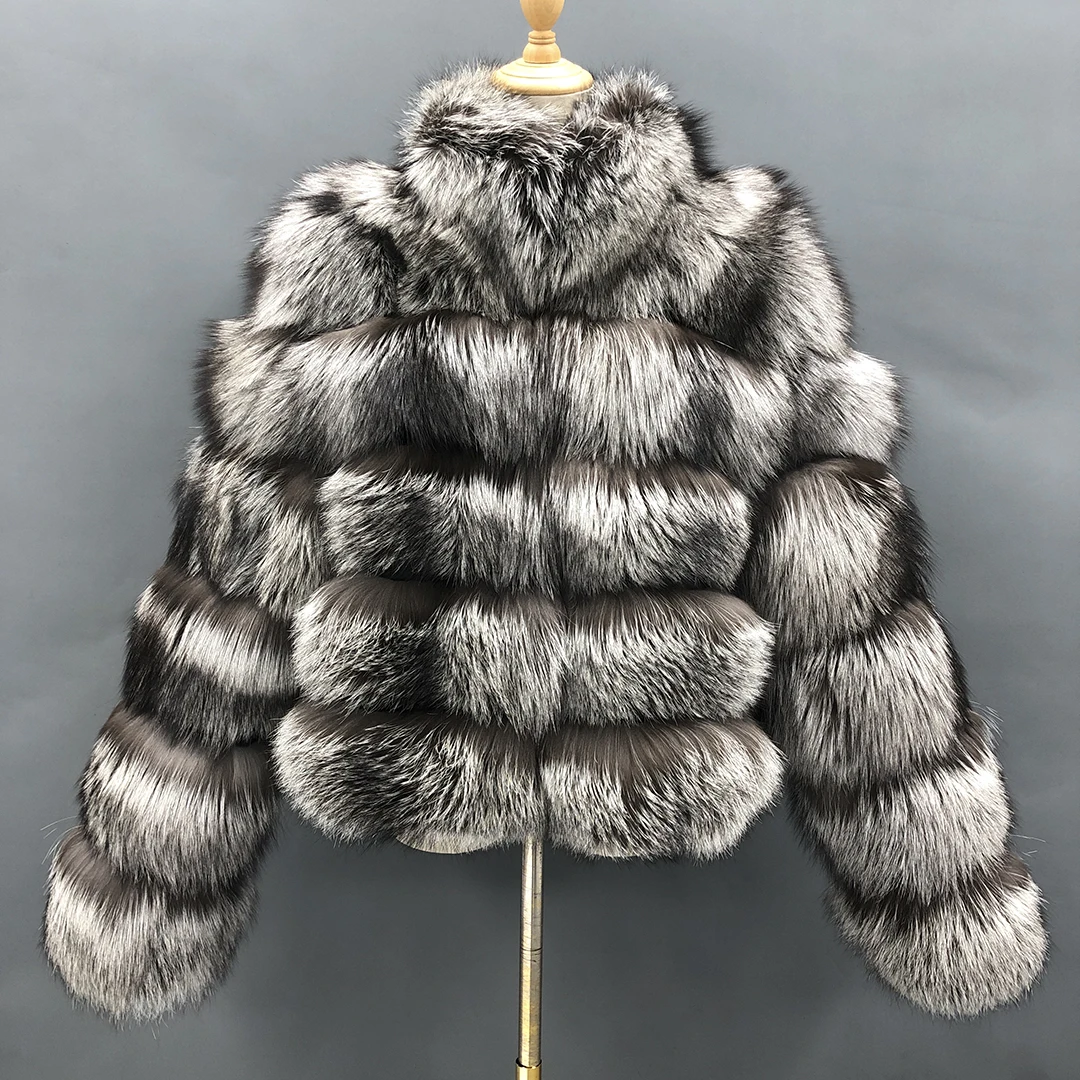 

MISSJANEFUR 2022 Luxury Silver Fox Fur Jackets Women Thick Warm Full Sleeve Real Natural Fur Bomber Jackets Winter Outerwear