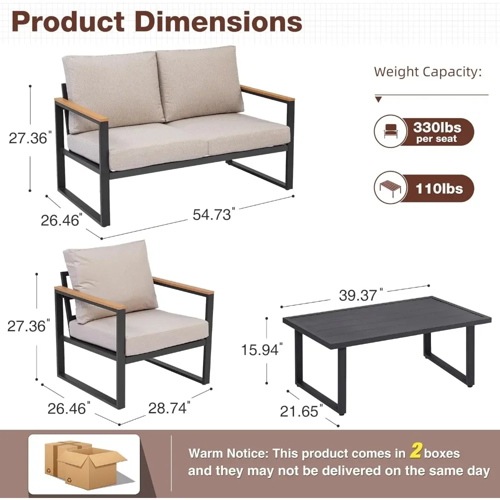 4 piezas de muebles de patio al aire libre con juego de mesa, juego de conversación de patio de metal con almohadillas de esponja lavables y de alta elasticidad