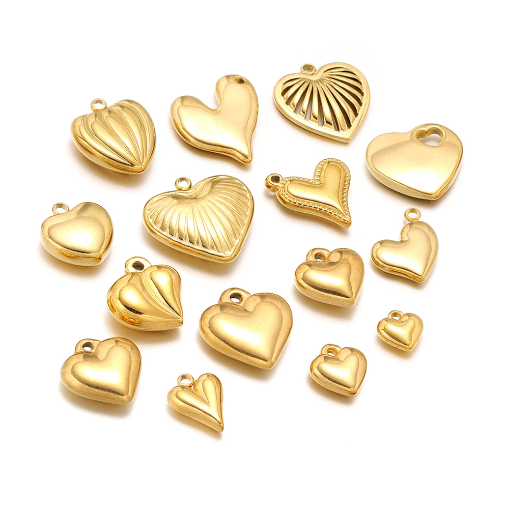 

5pcs New Fashion Three-dimensional Heart Charm Pendant Stainless Steel PVD Gold-Plated Necklace Homemade Accessories DIY Jewelry