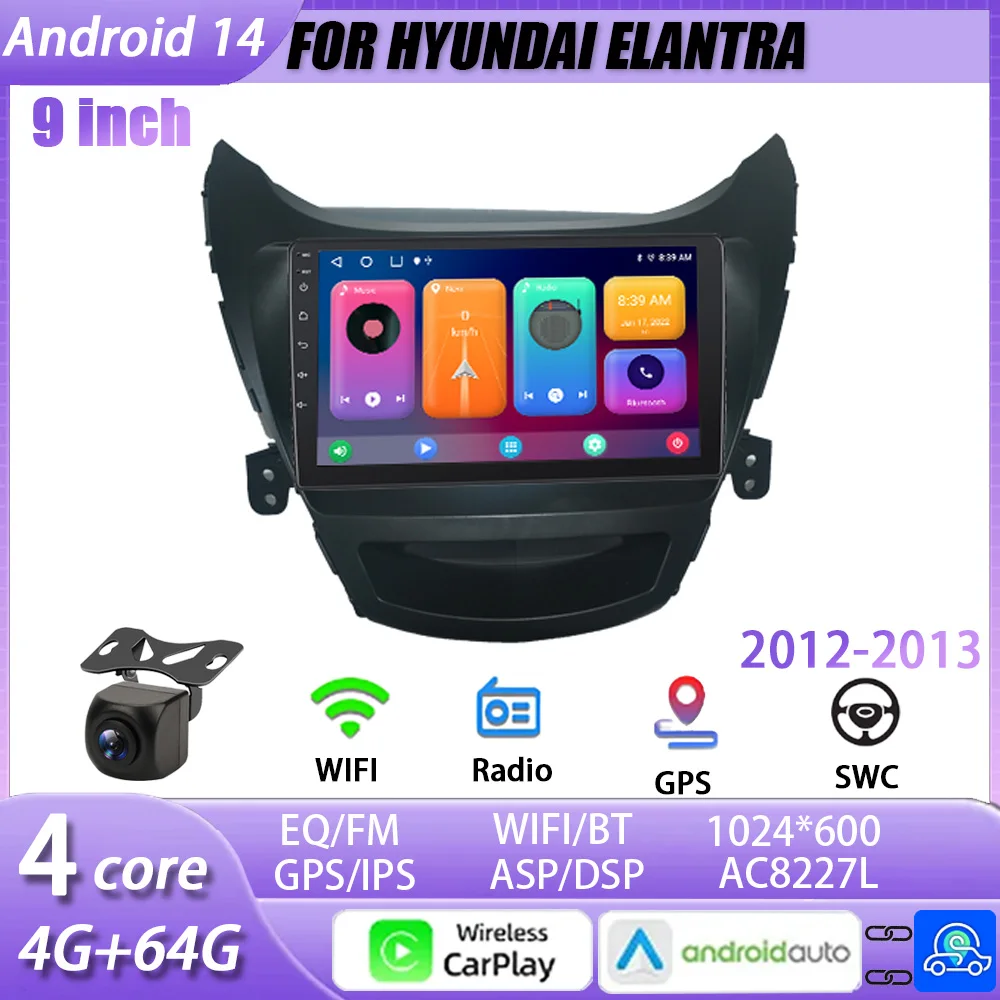 

9-inch Car Radio GPS Navigation Wireless Carplay Android 14 with Android Auto Touch Screen B-t FM for Hyundai Elantra 2012-2013