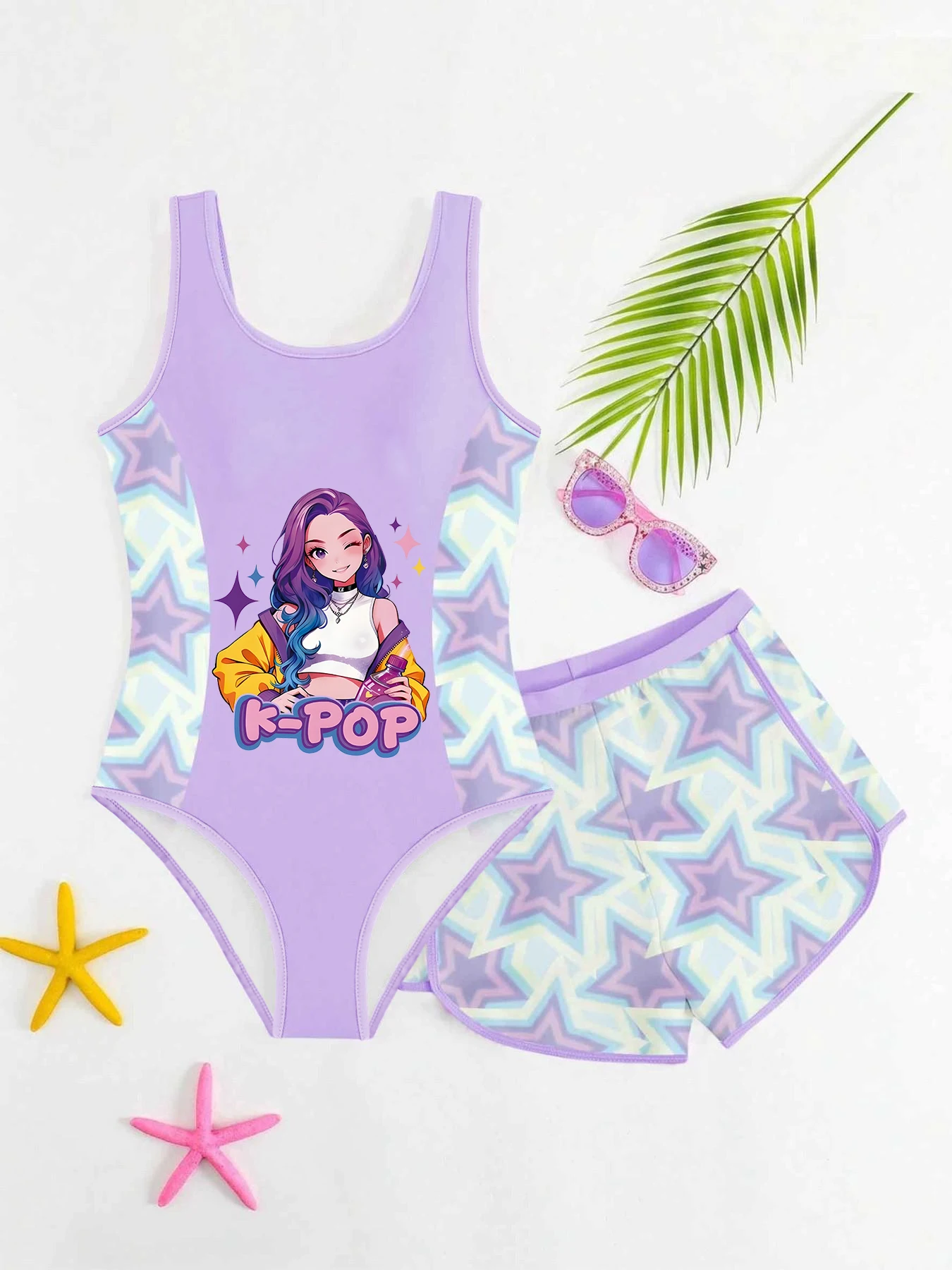 Süßer und cooler zweiteiliger Badeanzug für Mädchen, Farbverlauf in Rosa und Lila mit Cartoon-Idol-Print, Badebekleidung im Tank-Top-Stil mit Shorts – Detail 2