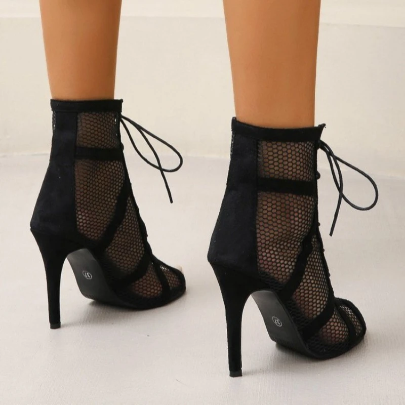 Sexy High Heels Hollow Mesh Sandals Women Summer Cross-tied Peep Toe Heeled Sandals Ankle Strap Dance Shoes Black Net Sandals