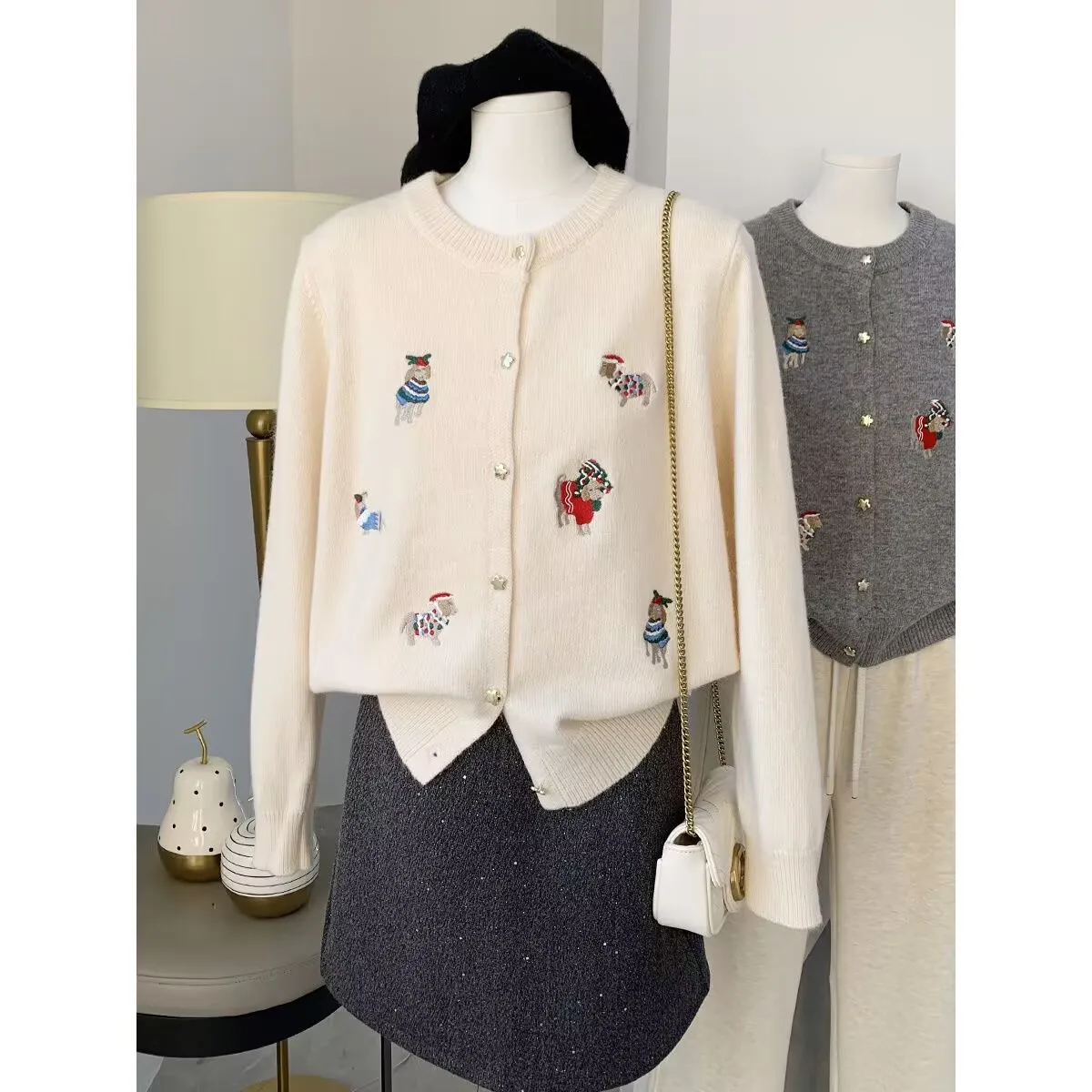 Womens Knit Cardigan Cartoon Dog Embroidery Sweater