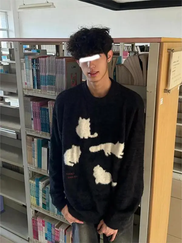 

Couples round Ne Knitted Sweater Camere Pattern Loose Fit Soft Autumn Winter New Design Faionable Men's Knitwear