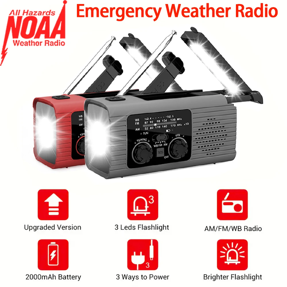 4000/2000mAh Professional Emergency Light with Radio Solar-Powered Flashlight with Hand-Crank Charging Waterproof Portable Light