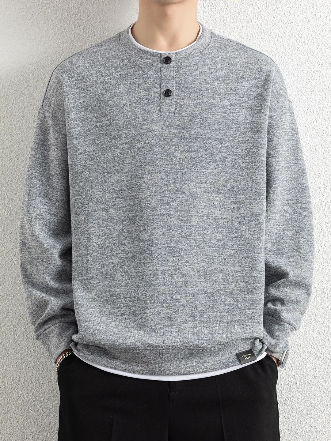 

Высококачественный повседневный свитшот с воротником Хенли, имитирующий двухслойность, мужской, весенне-осенний, модный, универсальный, простой топ