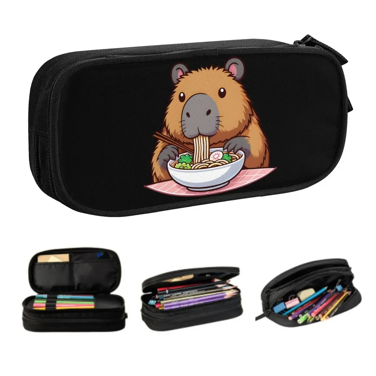 Custom Capybara Eating Ramen Cute Pencil Case Boys Gilrs Large Capacity Pencil Bag Students Stationery