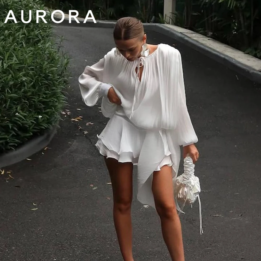 Aurora White Pleated Tie Neck Keyhole Long Sleeve Chiffon Mini Dress Irregular Ruffle Vacation Party Dress شارون سعيد Customized