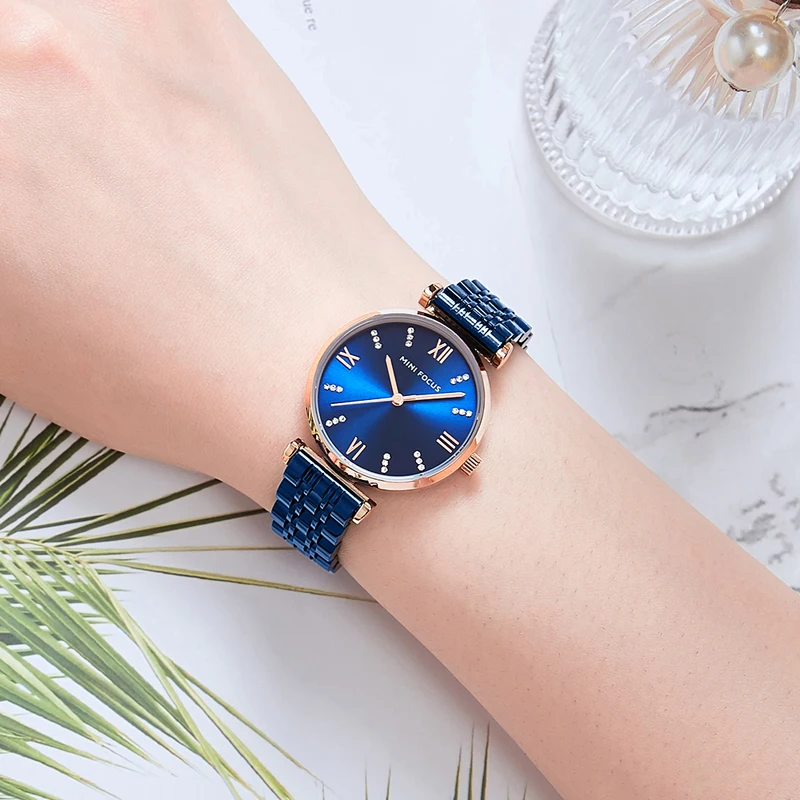MINI FOCUS MF0335L Luxury Diamonds Dial Watch Blue Stainless Steel Band Waterproof High Quality Women Quartz Watches