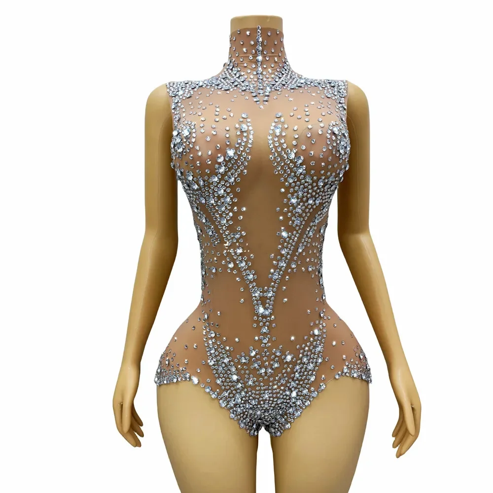

Sexy Transparent Mesh Rhinestones Bodysuit Stage Performance Crystal Leotard Nightclub Bar DJ Pole Dance Costume DJ Rave Outfits