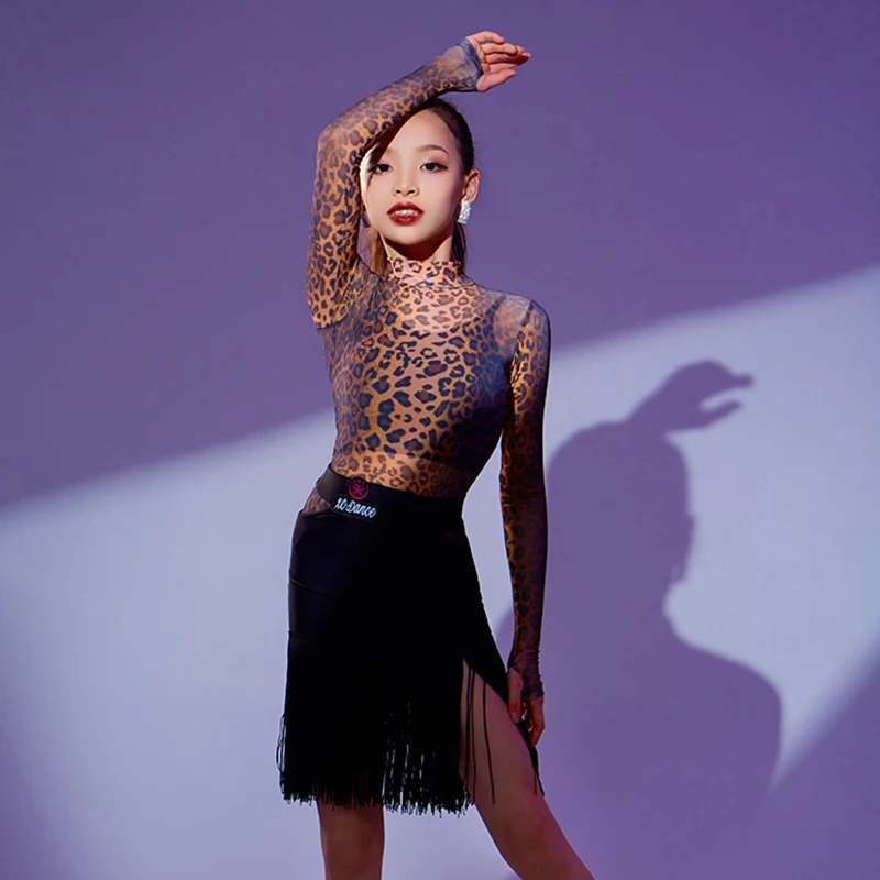 Latin Dance Practice Clothing Girls' Leopard Print Style Long Sleeved 3 Piece Performance Outfit Ballroom Stage Costume VBH608