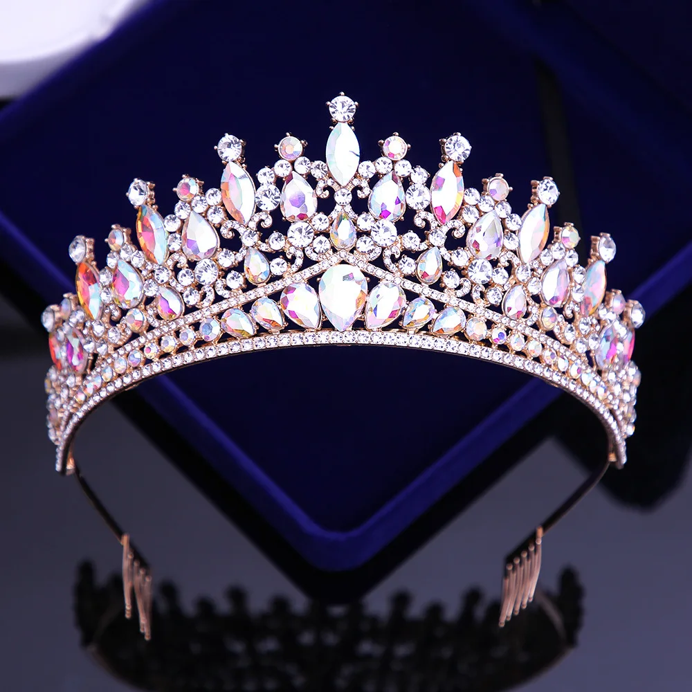 Luxury Gold Silver AB Color Crystal Wedding Crown With Combs Women Diadem Banquet Tiaras Party Costume Hair Jewelry Accessories