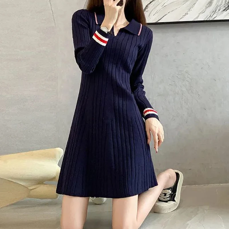 Korean Fashion Striped Patchwork Elegant Chic Knitted Dresses for Women Casual Polo Collar Long Sleeve Slim Mini Dress Vestidos