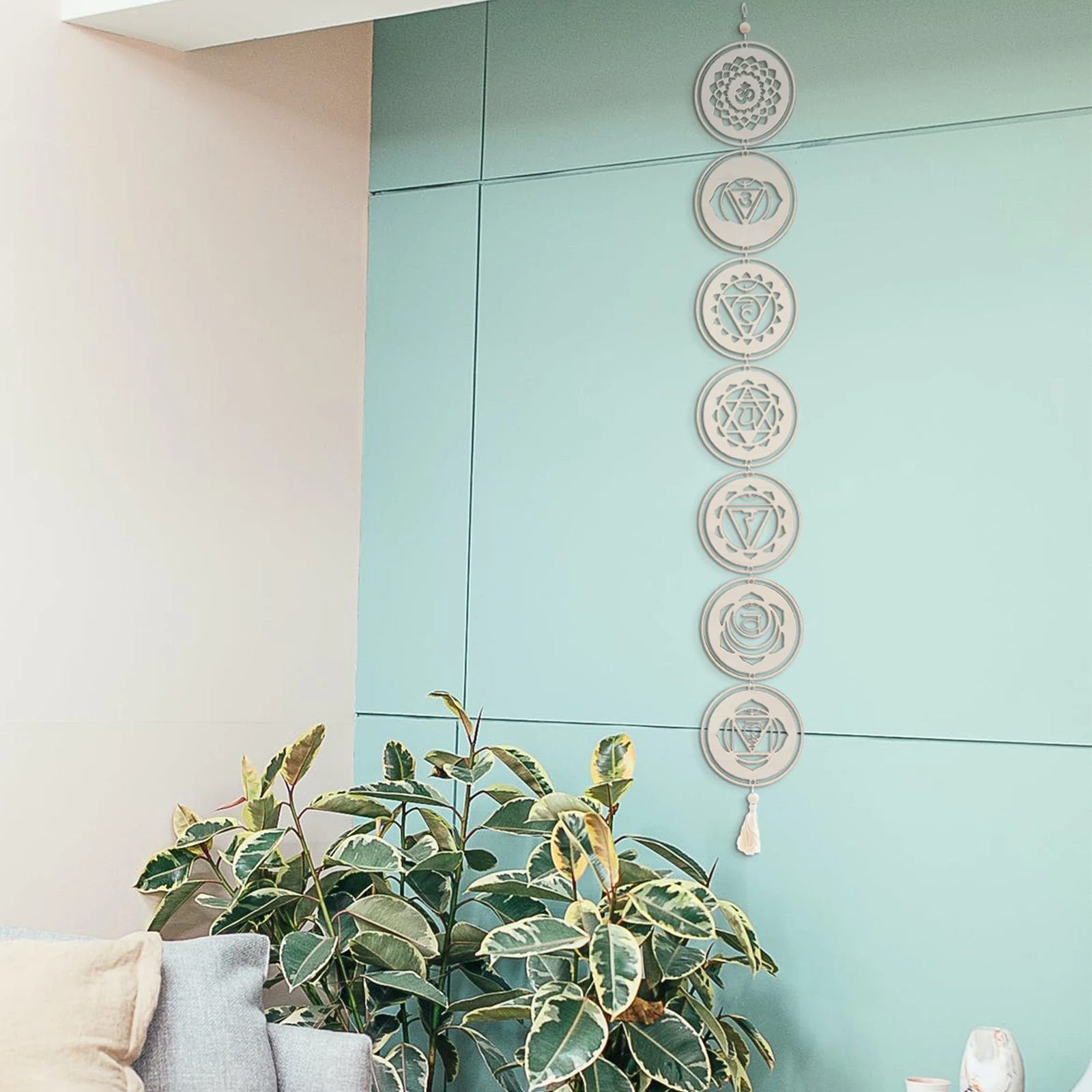 

Wooden Seven Chakra Pendant Stone Hanging Craft Ornament Bohemian Wall Hangings Wood Wall Decor For Home Indoor