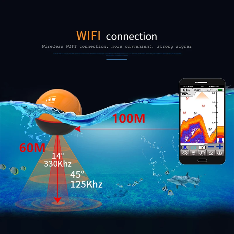 Erchang F68 WiFi صياد السمك مسافة 100 متر عمق 60 متر صيد لاسلكي مناسب لنظام iOS وأندرويد كاشف صدى صيد الأسماك في المحيط