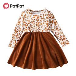 PatPat Toddler Girl Floral Leaf Print Velvet Splice Long-sleeve Dress Soft and Comfortable  Perfect for Outings and Daily Wear