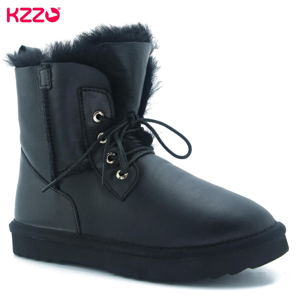 KZZO New Real Waterproof Sheepskin Leather Snow Boots Lace-up Women Mid-Calf Casual Natural Wool Fur Lined Winter Warm Shoes