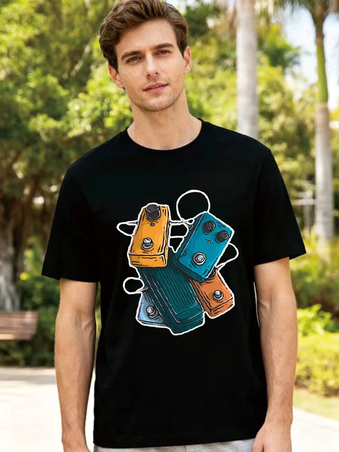 Exclusive-for-Rock-Musicians!-Retro-Hand-painted-Guitar-Effect-Design-T-shirt,-Pure-Cotton-Short-Sleeved-Band-Casual-Top