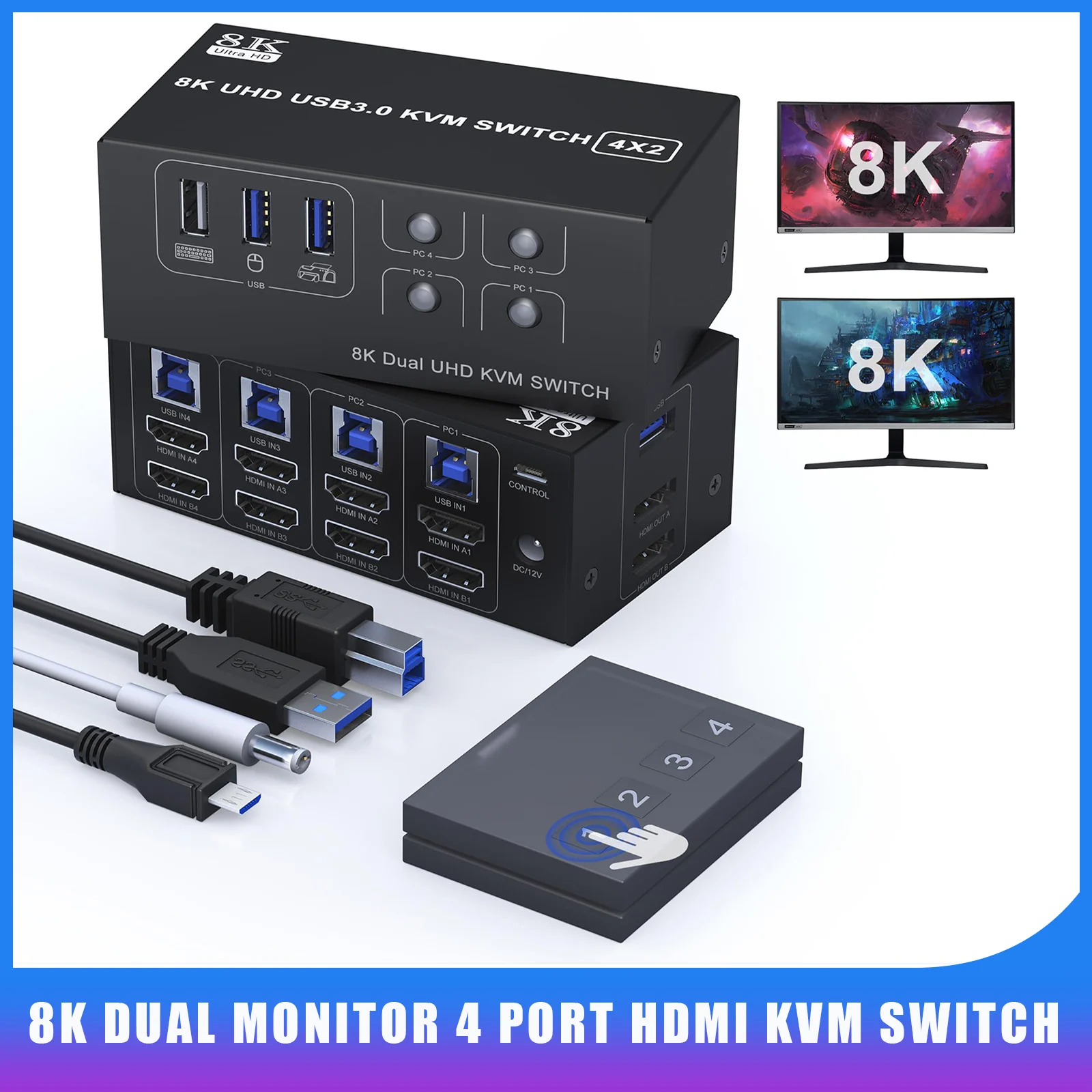 

8K Dual Monitor HDMI KVM Switch 2 Monitors 4 Computers,8K@60Hz 4K@120Hz KVM Switcher PC Extended Display for 4 PC & 4 USB Ports