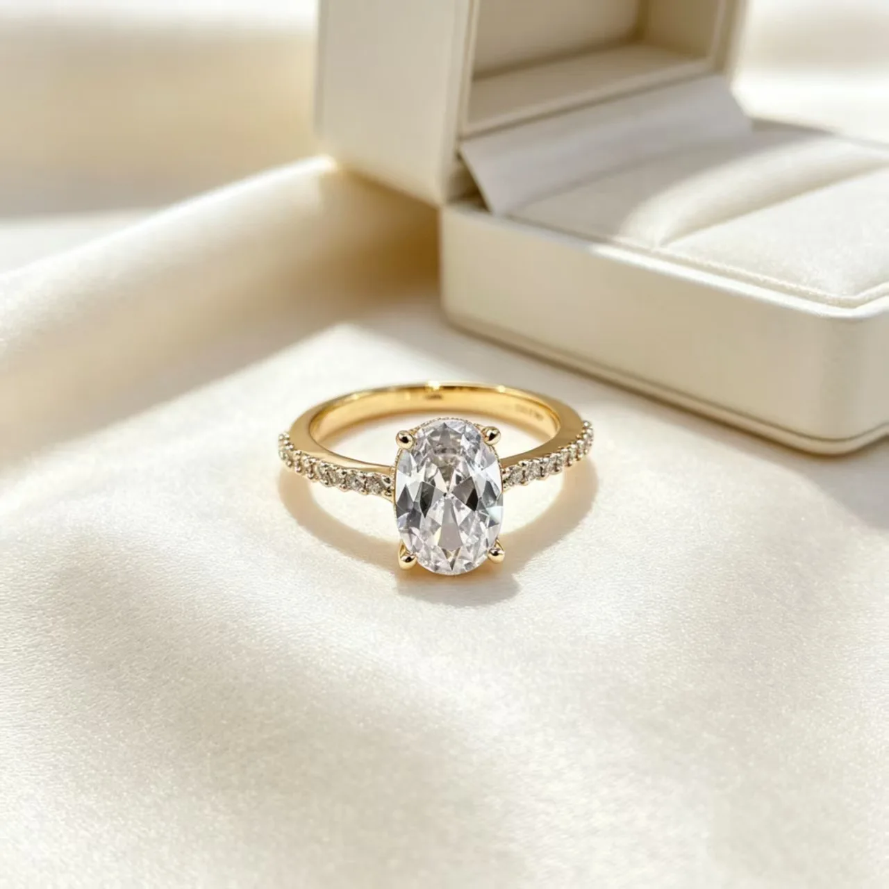 Rose-inspired oval zircon ring in white or 18k gold electroplated copper — adjustable open band design with delicate petal motif