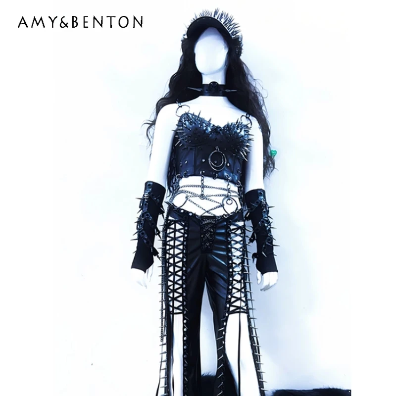 

Gothic Dark Heavy Industry Metal Rivet Sweet Cool Women's Vest Punk Design Sexy Hollow Out Long Pants Performance Set Ladies